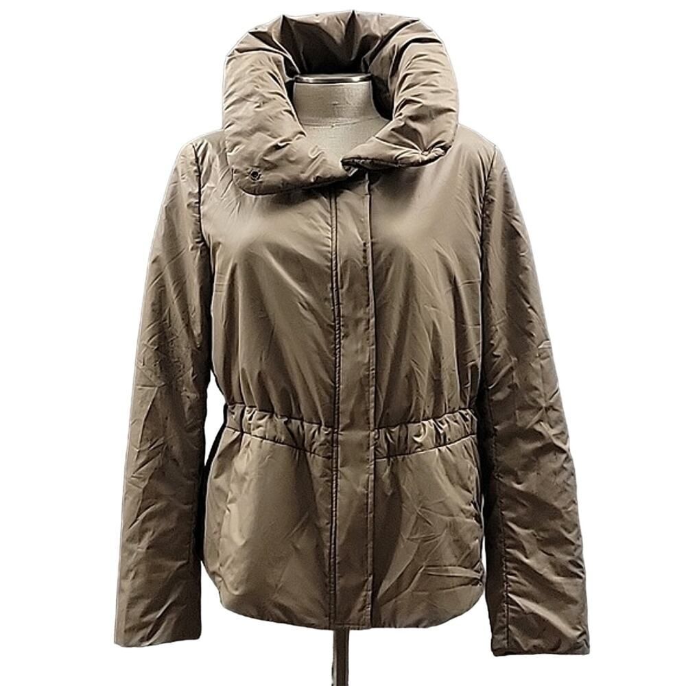 AKRIS PUNTO Beige Jacquard Light Puffer Jacket - Funnel Neck & Cinch Waist - M